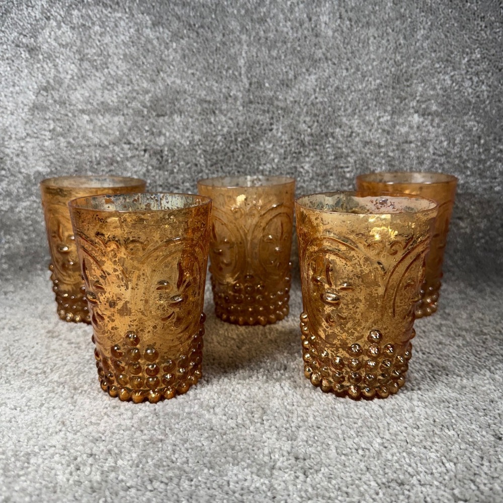 Mercury Glass Tumbler Amber Fleur de Lis Hobnail Set of 5 - Candle Holder